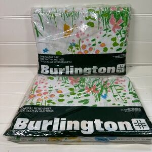 Vtg 1970’s Burlington Full Fitted Sheet & Flat Sheet Set Wildflowers Floral New